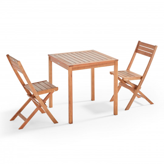 Mesa de jardín cuadrada 70 x 70 cm y 2 sillas plegables de eucalipto (1/1)