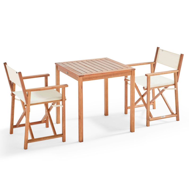 Mesa de jardín cuadrada de 70 x 70 cm de madera y 2 sillas con reposabrazos plegables