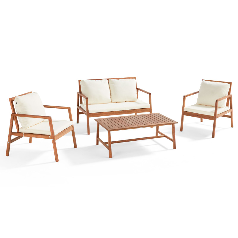 Conjunto de muebles de jardín de eucalipto con 1 sofá, 2 sillones y mesa de centro