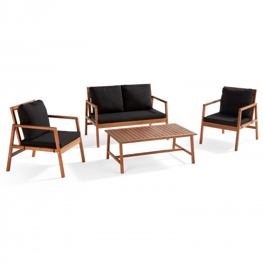 Conjunto de muebles de jardín de eucalipto con 1 sofá, 2 sillones y mesa de centro