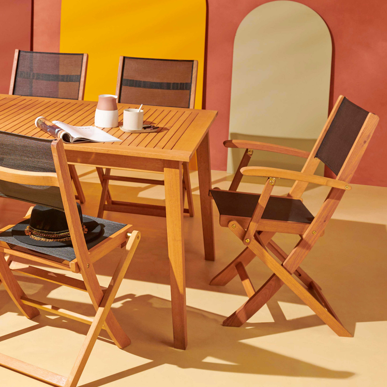 Lote de 2 sillas de jardín plegables de madera y textileno