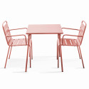 Mesa de jardín cuadrada 70 x 70 cm y 2 sillas de metal apilables con reposabrazos