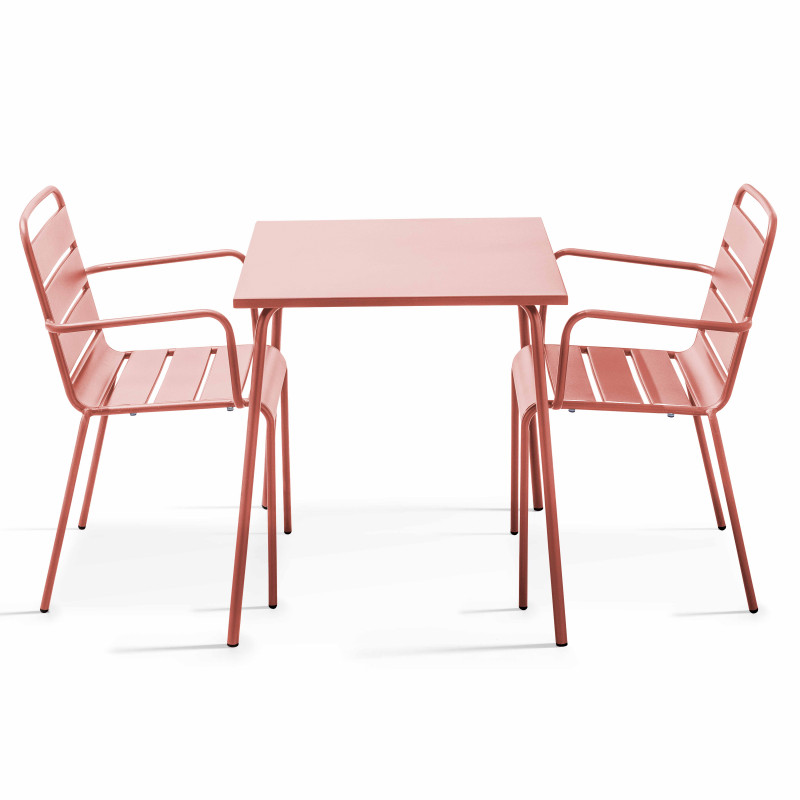 Mesa de jardín cuadrada 70 x 70 cm y 2 sillas de metal apilables con reposabrazos