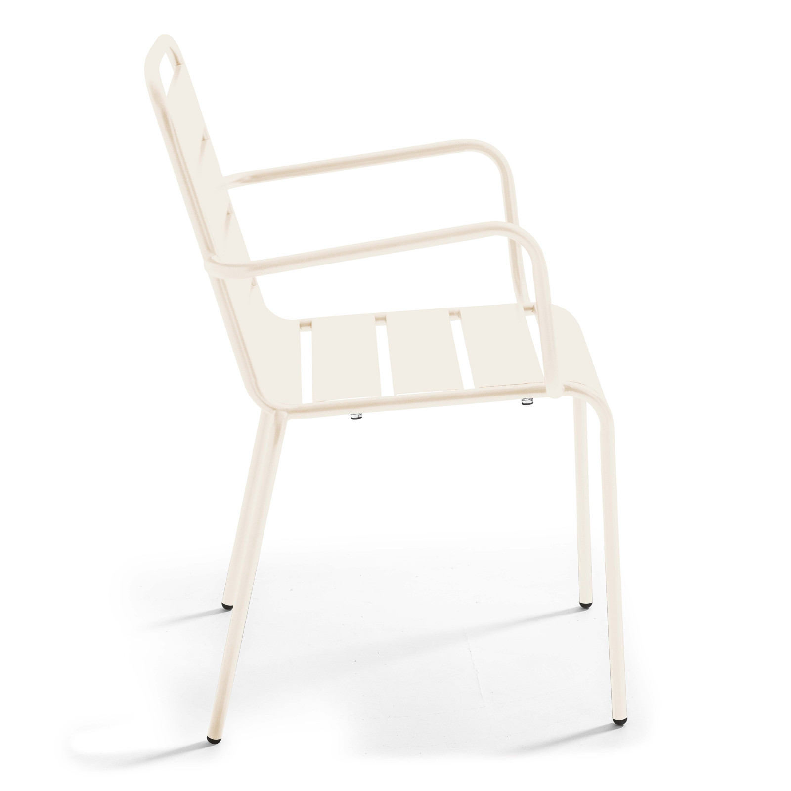 Mesa de jardín cuadrada 70 x 70 cm y 2 sillas de metal apilables con reposabrazos