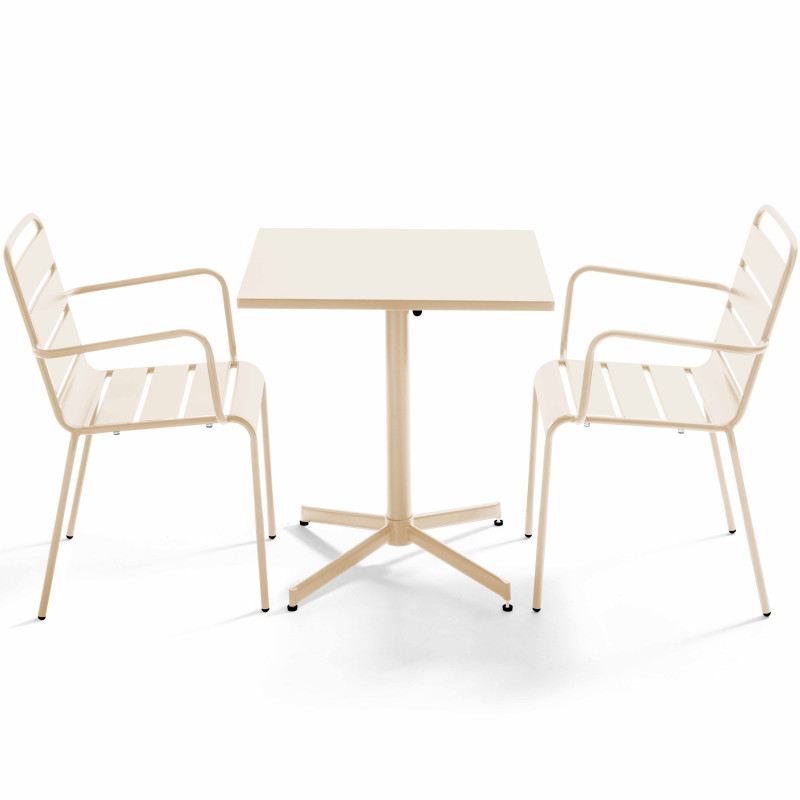 Mesa cuadrada de jardín con tablero plegable 70 x 70 cm y 2 sillas con reposabrazos de metal
