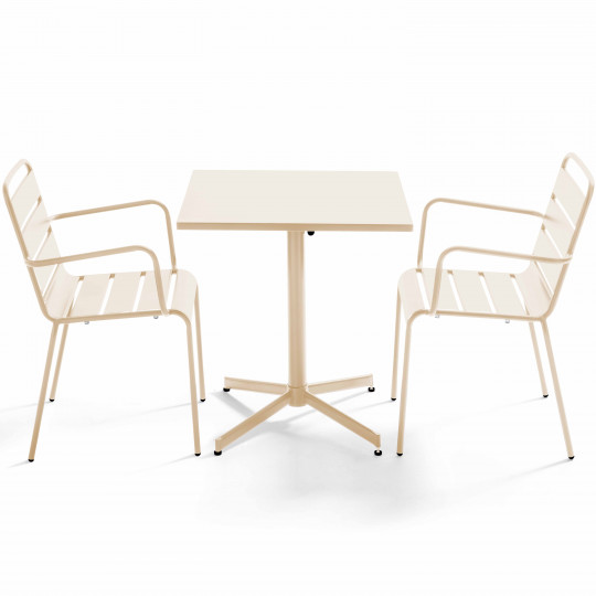 Mesa de jardín bistro de metal inclinable cuadrada de 70x70 cm y 2 sillas con reposabrazos | Oviala