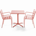 Mesa cuadrada de jardín con tablero plegable 70 x 70 cm y 2 sillas con reposabrazos de metal