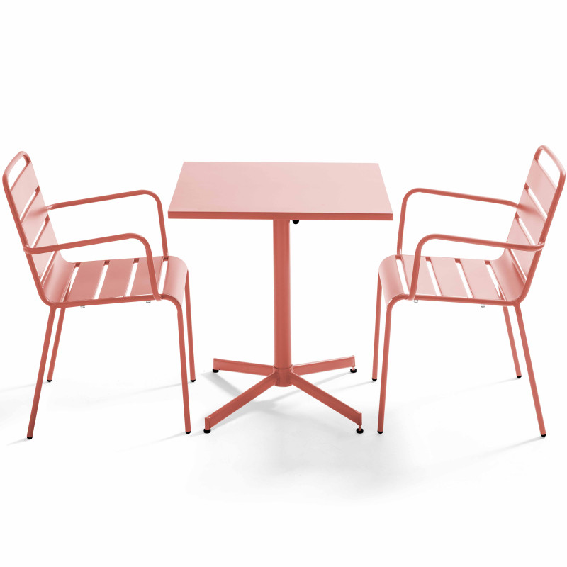 Mesa cuadrada de jardín con tablero plegable 70 x 70 cm y 2 sillas con reposabrazos de metal