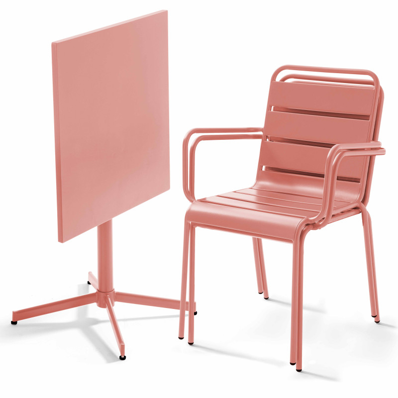 Mesa cuadrada de jardín con tablero plegable 70 x 70 cm y 2 sillas con reposabrazos de metal