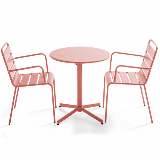 Mesa redonda con tablero plegable ø70 cm y 2 sillas con reposabrazos de metal