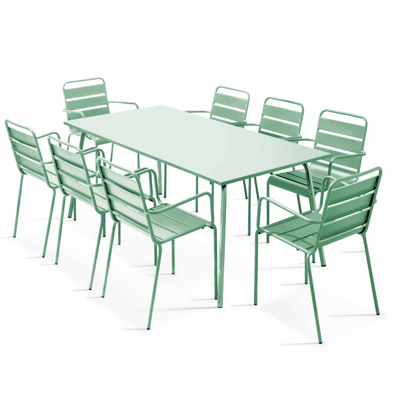 Mesa de jardín rectangular 180 x 90 cm y 8 sillas de metal apilables con reposabrazos