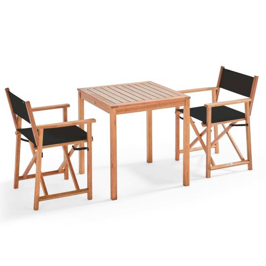 Mesa de jardín cuadrada de 70 x 70 cm de madera y 2 sillas con reposabrazos plegables