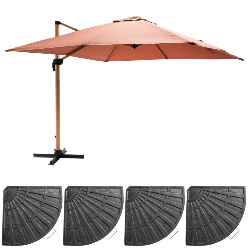 Conjunto de sombrilla colgante inclinable cuadrado (3 x 3 m) + 4 losas lastradas
