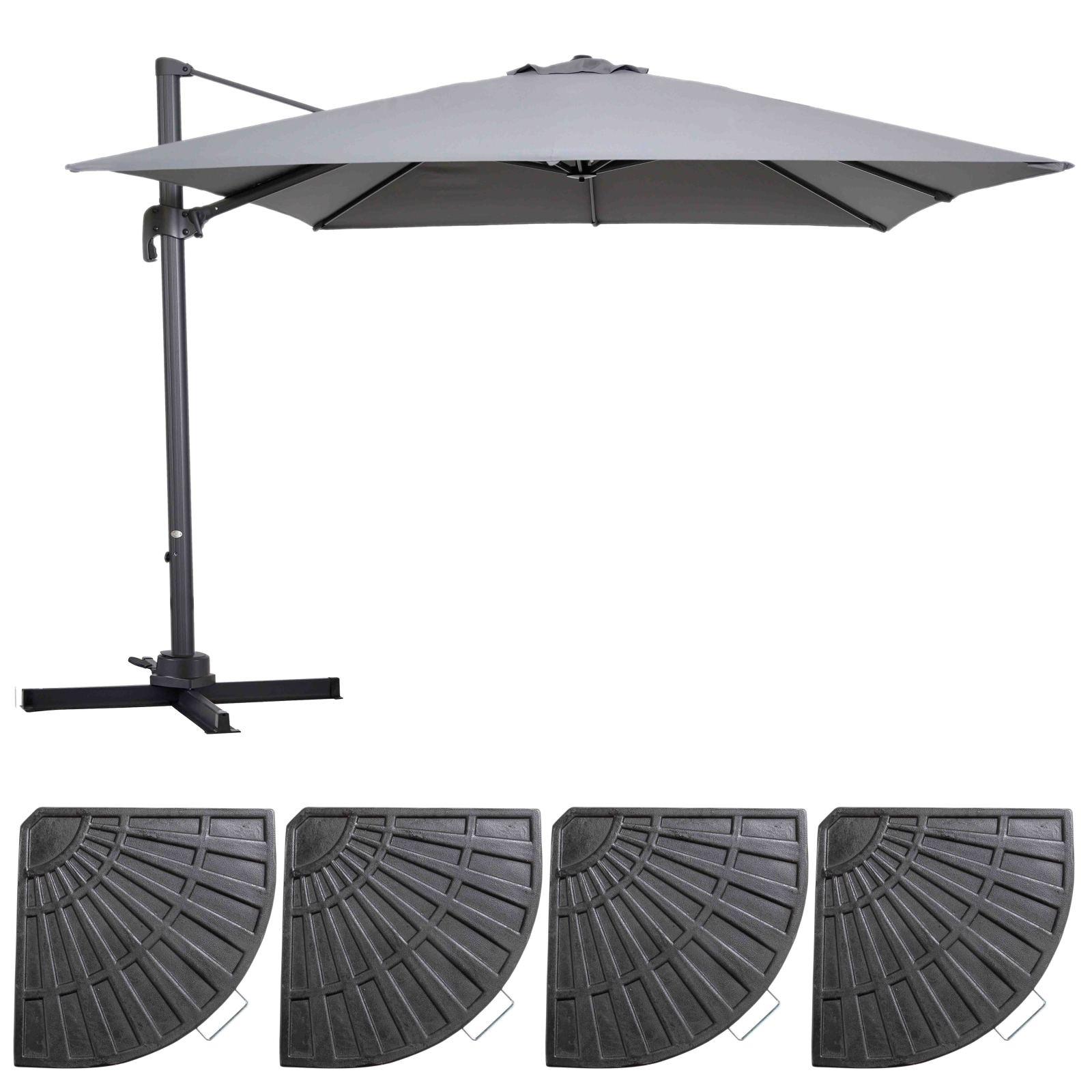 Conjunto de sombrilla colgante cuadrada (3 x 3 m) giratoria de 360° + 4 losas lastradas
