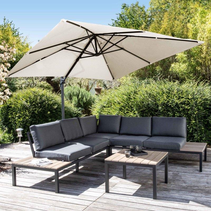Conjunto de sombrilla colgante cuadrada (3 x 3 m) giratoria de 360° + 4 losas lastradas