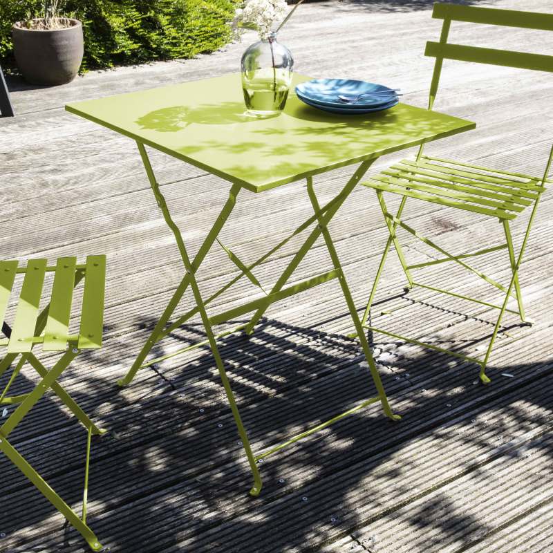 Mesa de jardín cuadrada de metal 60 x 60 cm y 2 sillas plegables