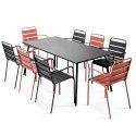 Mesa de jardín rectangular 180 x 90 cm y 8 sillas desparejadas con reposabrazos