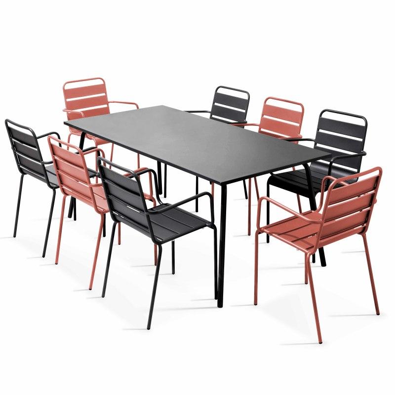 Mesa de jardín rectangular 180 x 90 cm y 8 sillas desparejadas con reposabrazos