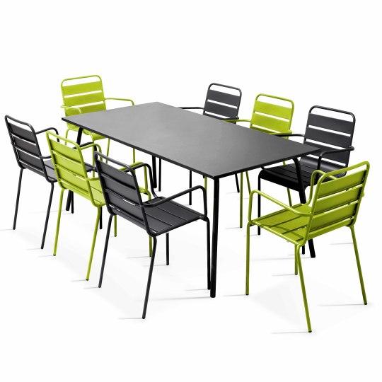 Mesa de jardín rectangular 180 x 90 cm y 8 sillas desparejadas con reposabrazos