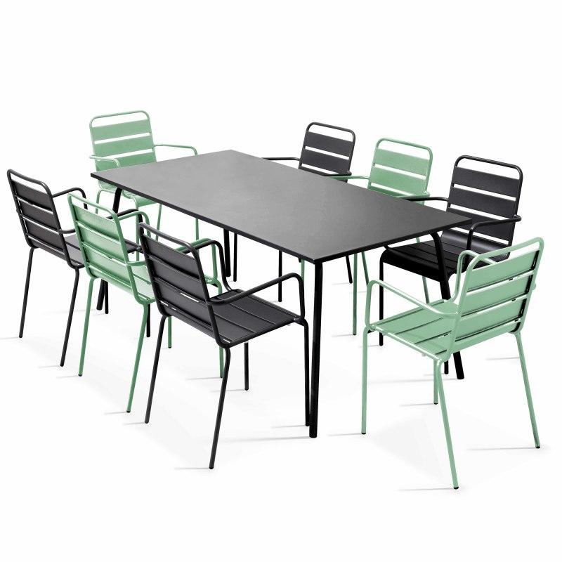 Mesa de jardín rectangular 180 x 90 cm y 8 sillas desparejadas con reposabrazos