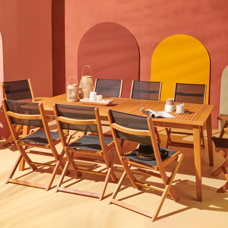 Mesa de jardín de madera extensible con 8 sillas