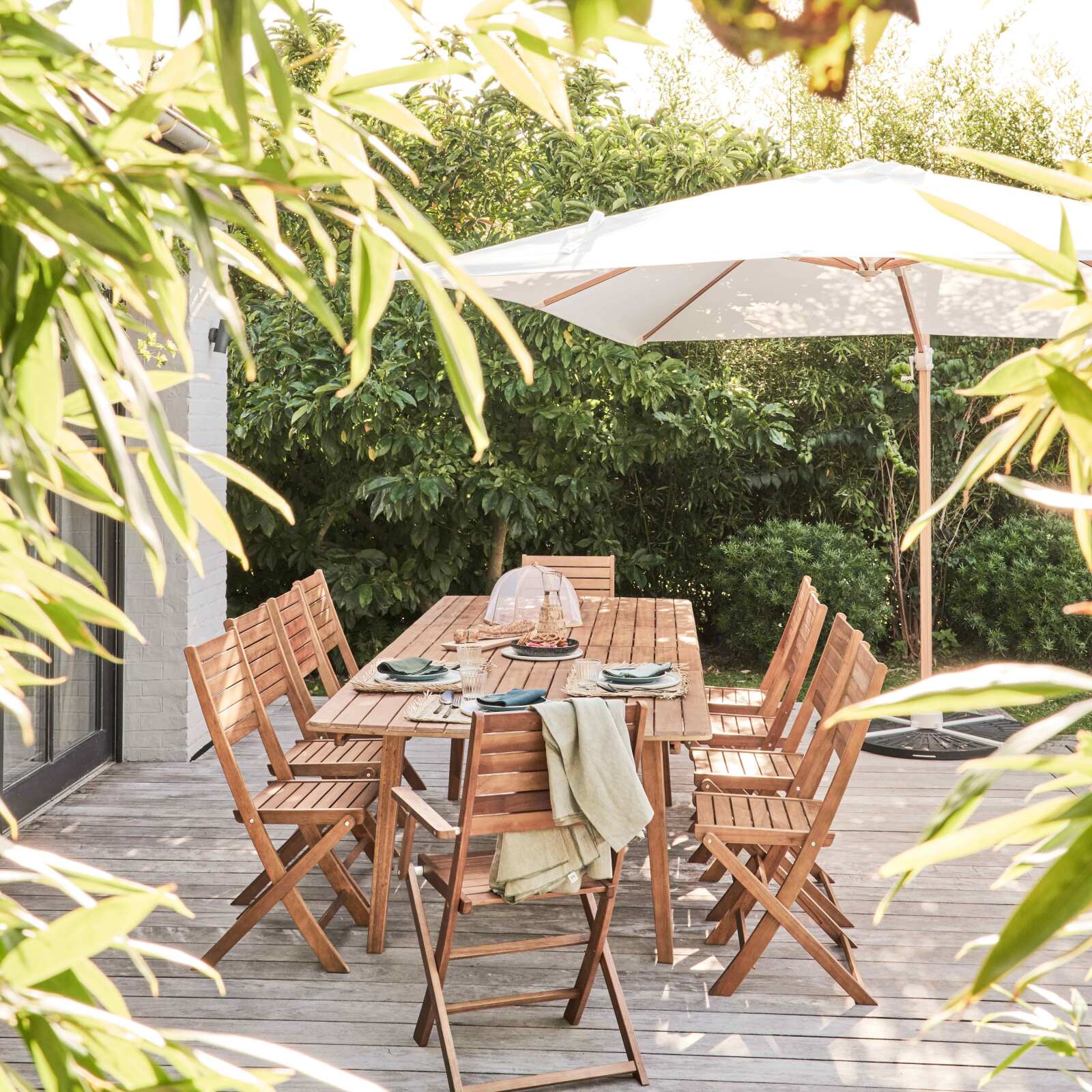 Conjunto de sombrilla colgante inclinable cuadrado (3 x 3 m) + 4 losas lastradas