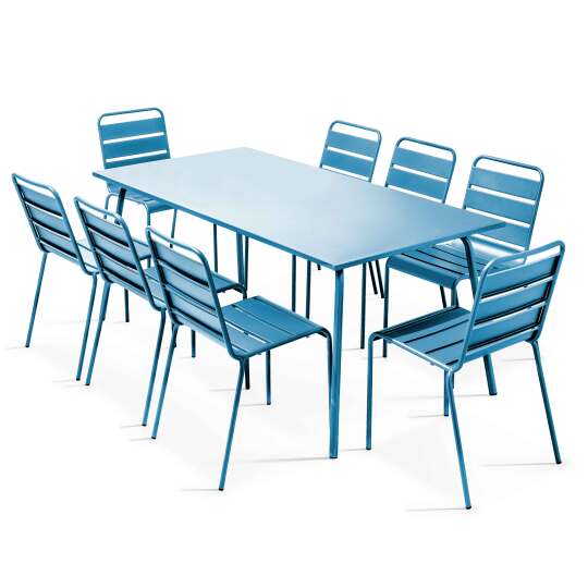Mesa de jardín rectangular y 8 sillas de metal apilables | Oviala
