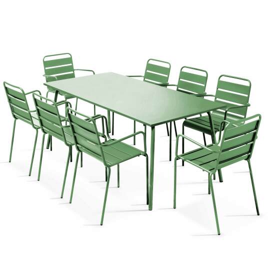 Mesa de jardín rectangular 180 x 90 cm y 8 sillas de metal apilables con reposabrazos