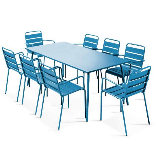 Mesa de jardín rectangular 180 x 90 cm y 8 sillas de metal apilables con reposabrazos
