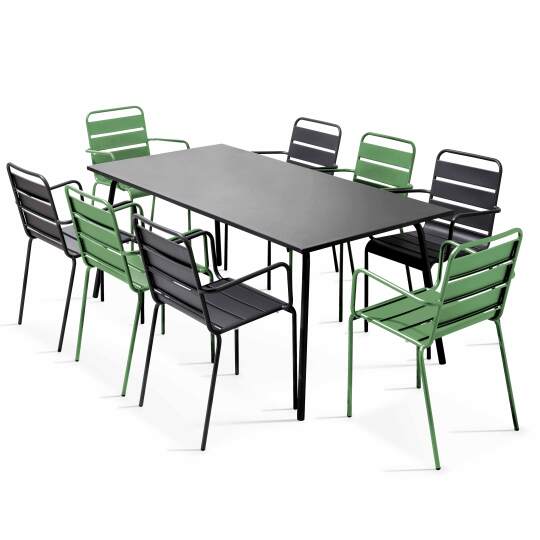 Mesa de jardín de metal de 180x90 cm y 8 sillas desparejadas con reposabrazos | Oviala