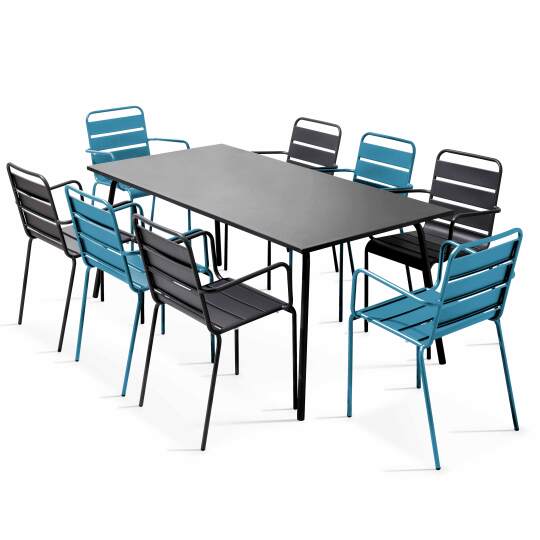 Mesa de jardín rectangular 180 x 90 cm y 8 sillas desparejadas con reposabrazos