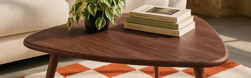 mesa de centro efecto madera con tablero triangular