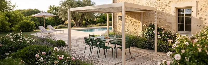 pérgola tendencia 2026 de aluminio color crema en una terraza completa
