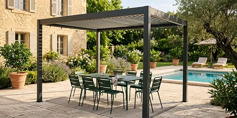 Pérgola bioclimática 4x3m de aluminio con mesa y sillas de jardín en metal verde