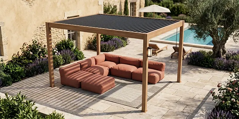 Pérgola bioclimática 4x3m autoportante con conjunto de jardín modular