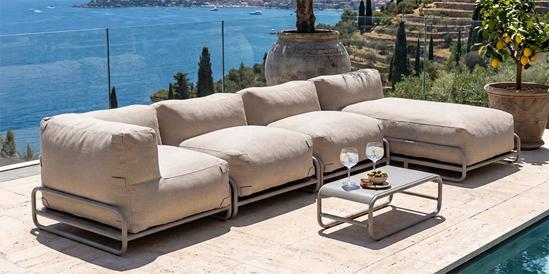 Muebles de jardín modulares para 4 personas con sillones, módulo de esquina y chaise longue