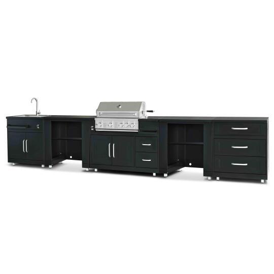 Cocina de exterior de metal con fregadero de exterior, barbacoa y almacenaje - 5 módulos | Oviala