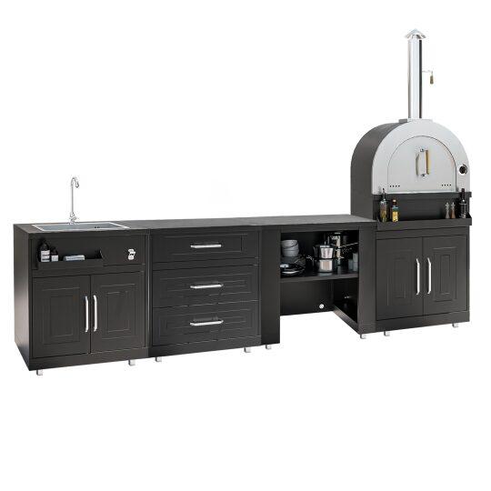 Cocina de exterior de metal con fregadero de exterior, horno a pizza y almacenaje - 4 módulos | Oviala