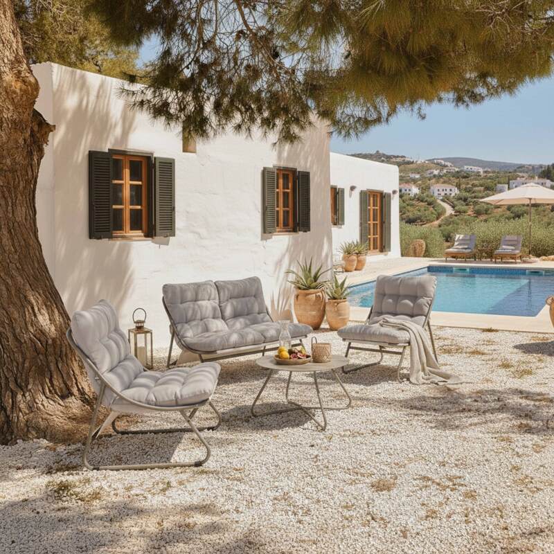 Mueble de jardín metálico de 4 plazas con 1 sofá, 2 sillones y mesa de centro.