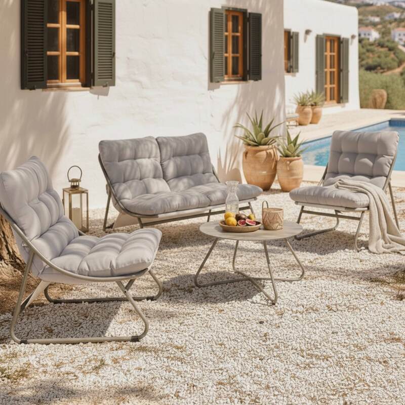 Mueble de jardín metálico de 4 plazas con 1 sofá, 2 sillones y mesa de centro. (2/8)