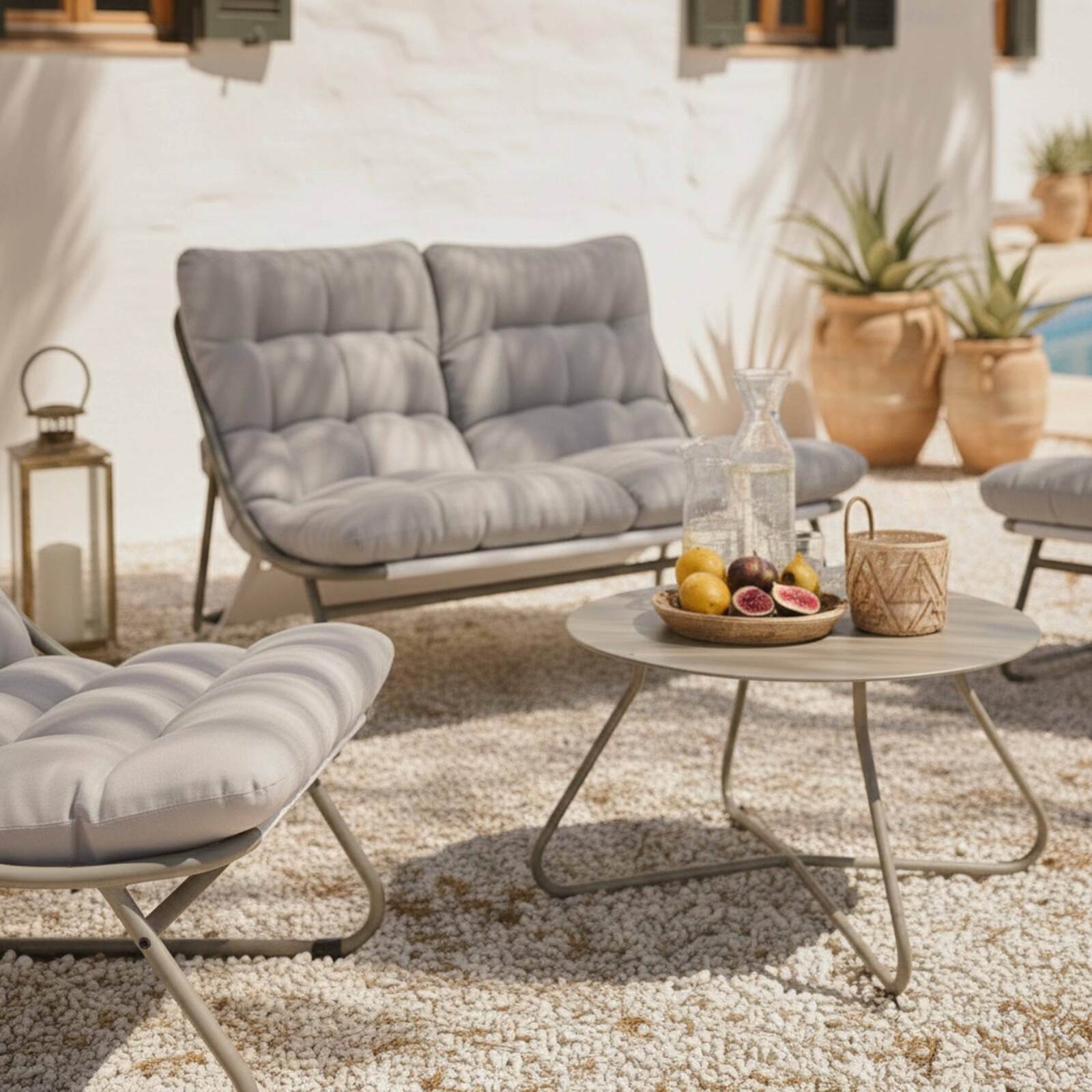 Mueble de jardín metálico de 4 plazas con 1 sofá, 2 sillones y mesa de centro.