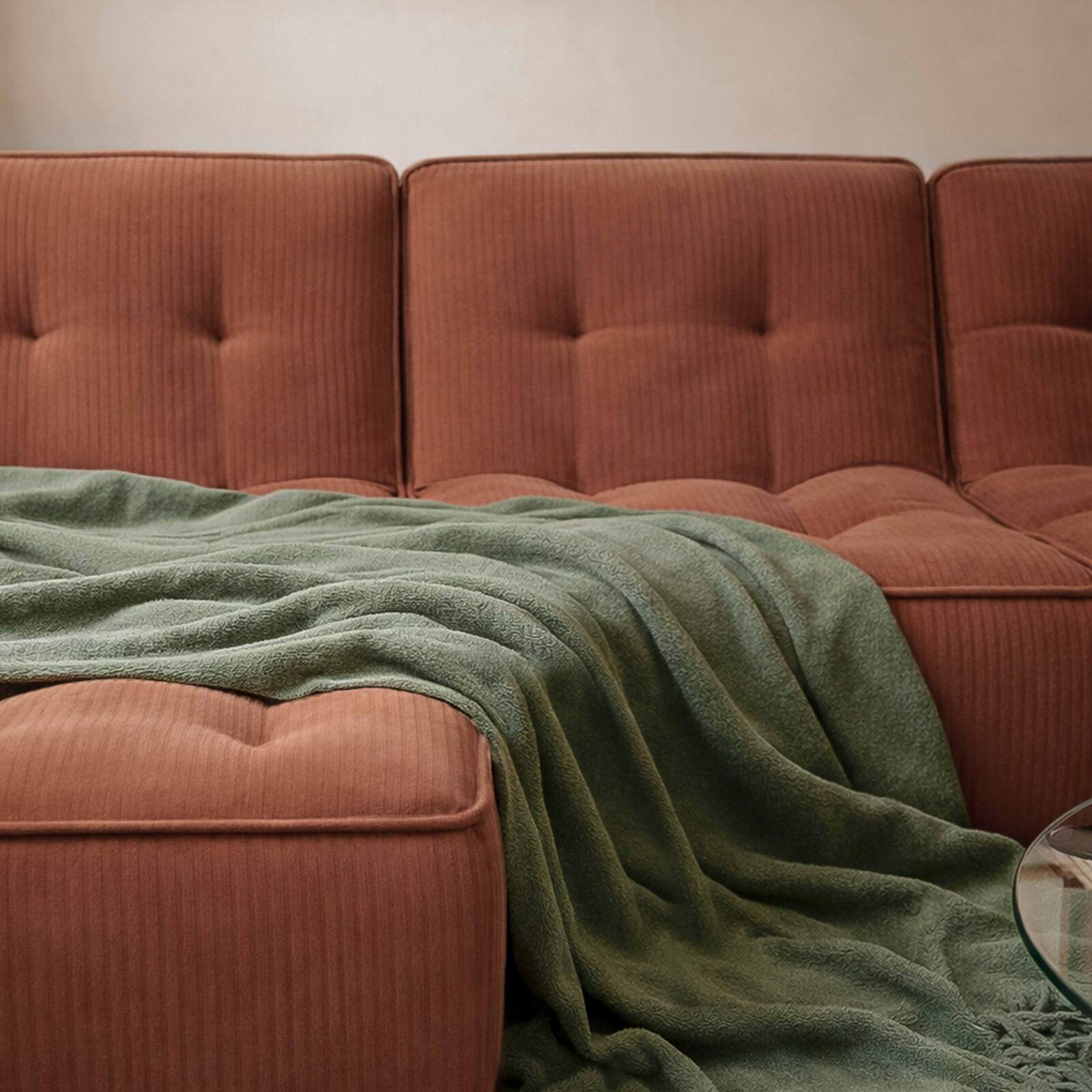 Sofá modular de 3 plazas de tejido de acanalado con chaise longue