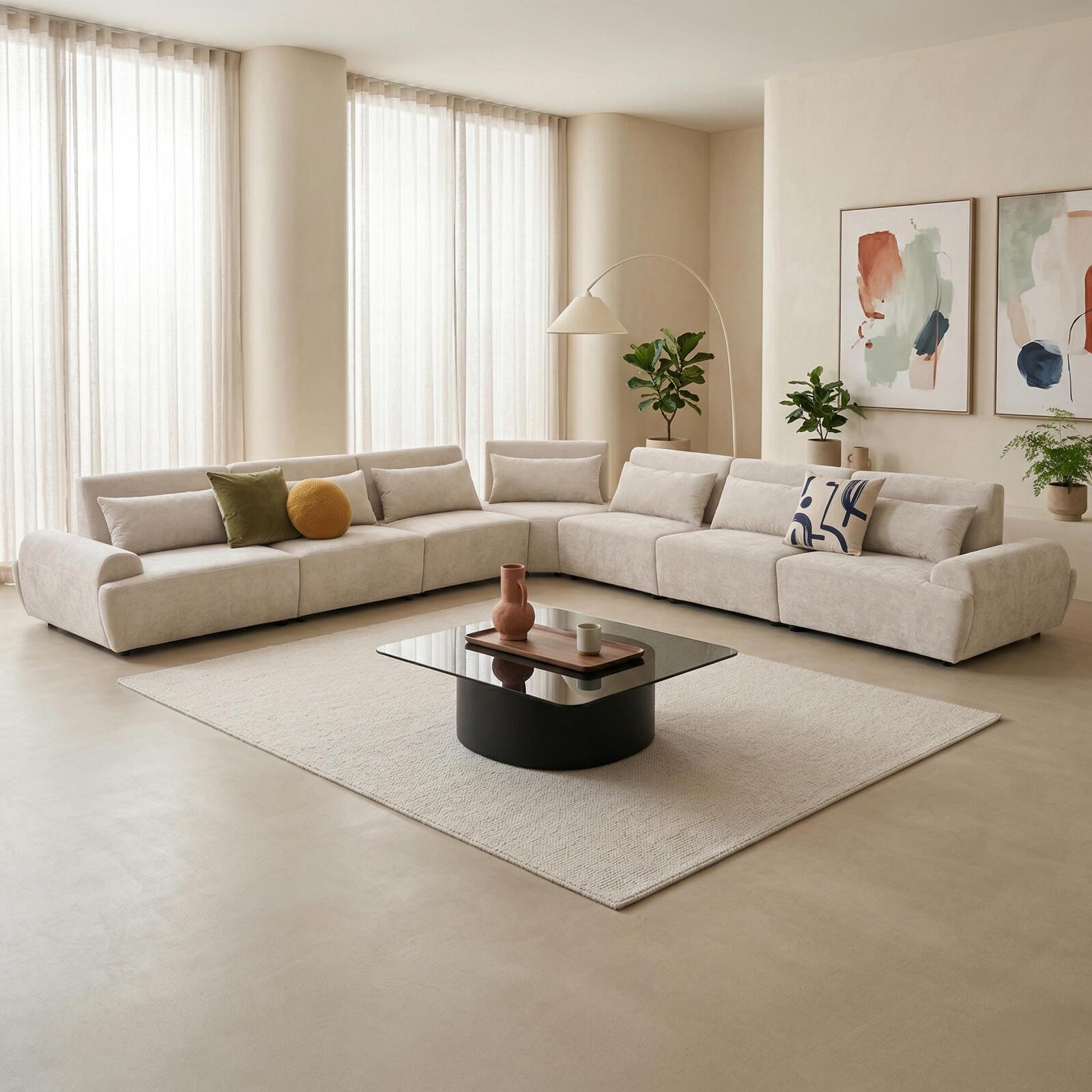 Sofá modular esquinero de 7 plazas de tela con cojines